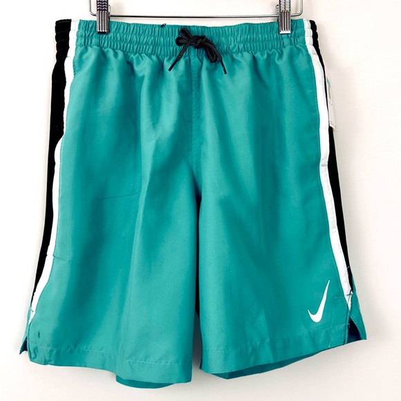 “NIKE” Core Contend 8” Inseam Light Teal - Black &White Stripes Swim Sho… - Picture 2 of 8